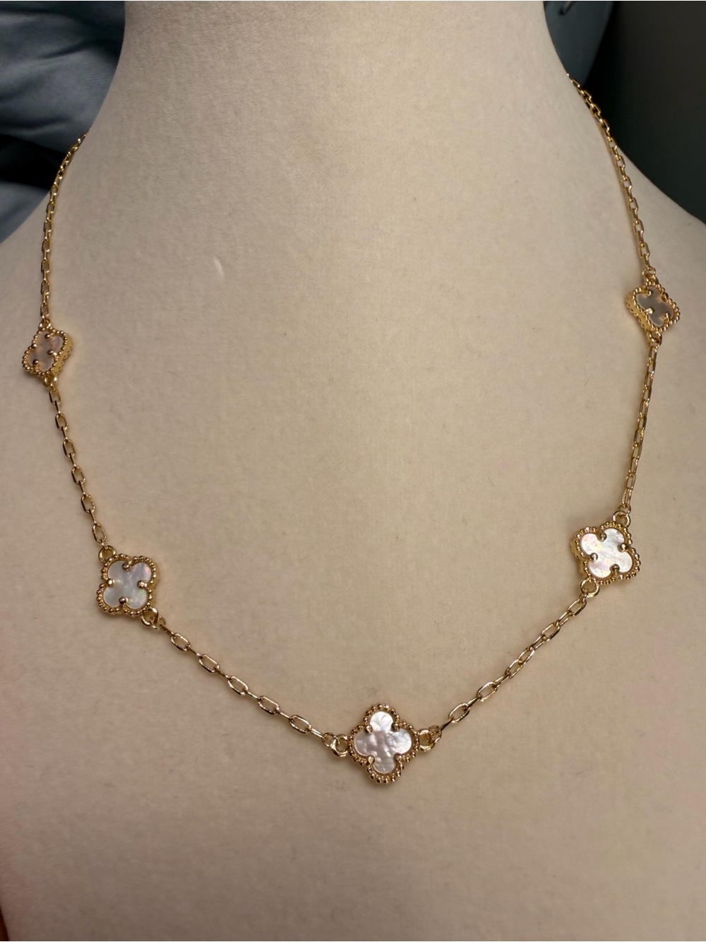 Gold-Tone Clover Necklace with Mother-of-Pearl Accents